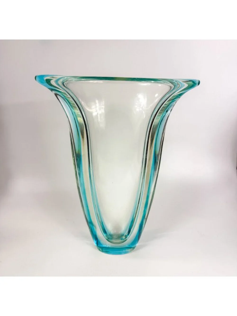 Murano Sommerso Art Glass Blue Green Trumpet Biomorphic Flared Vase 14